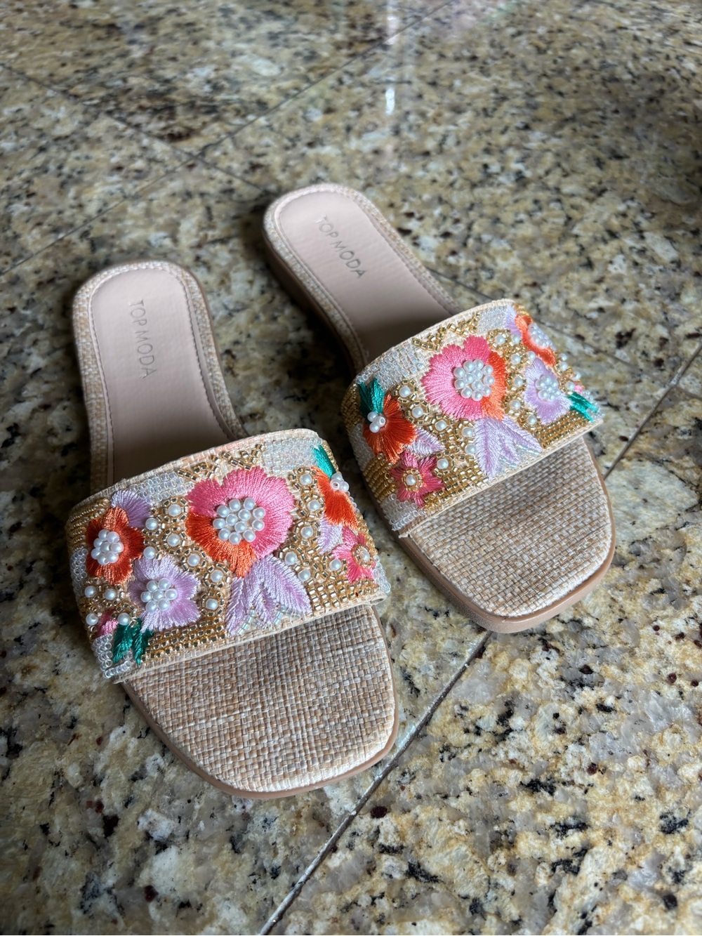 TOP Moda Pink, Orange & Gold Embroidered Slide Mules